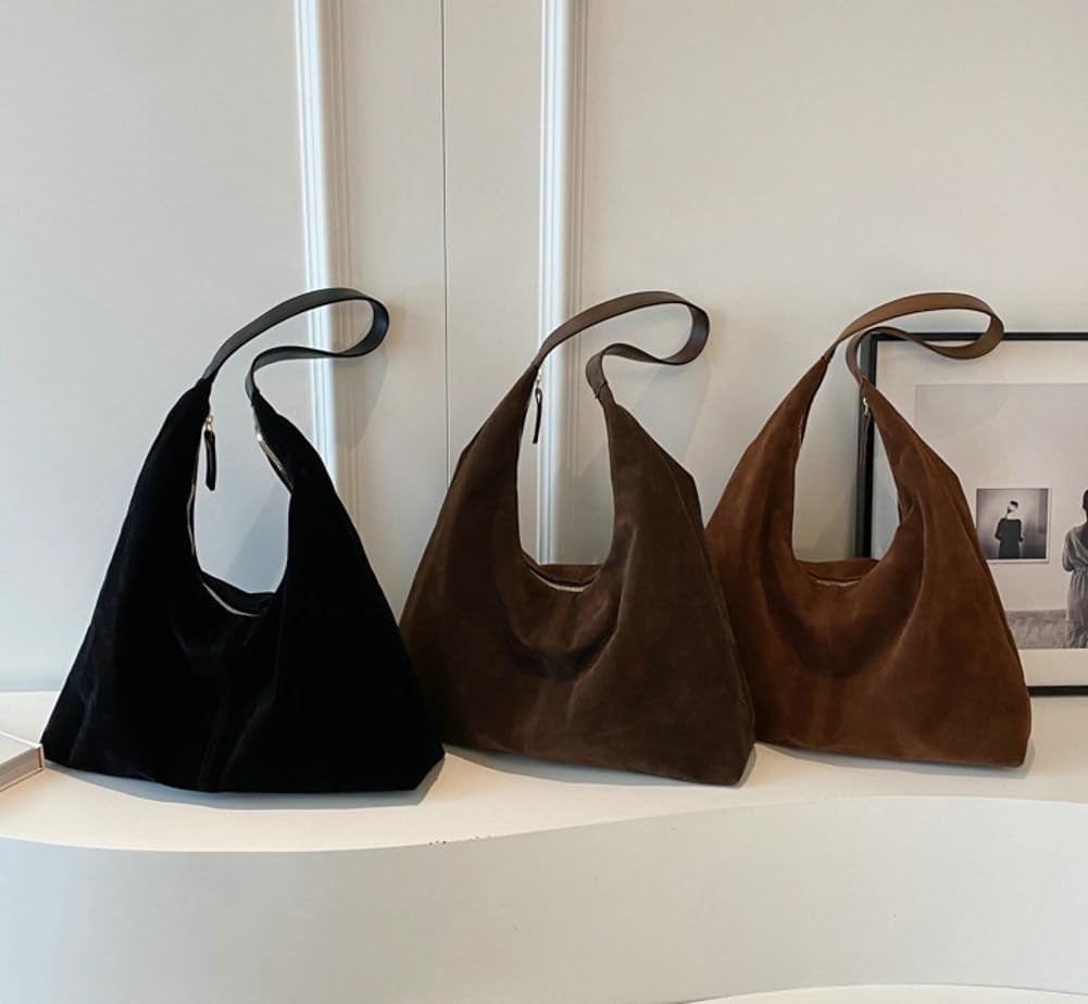 Trendy Faux Suede Shoulder Purse Bag Women Tote Hobo Purses Handbag Bags | Soft Suede,Large Capacity,Versatile Lightweight Brown Purses,Slouchy Everyday Work Gym Travel Weekend Tote Bag