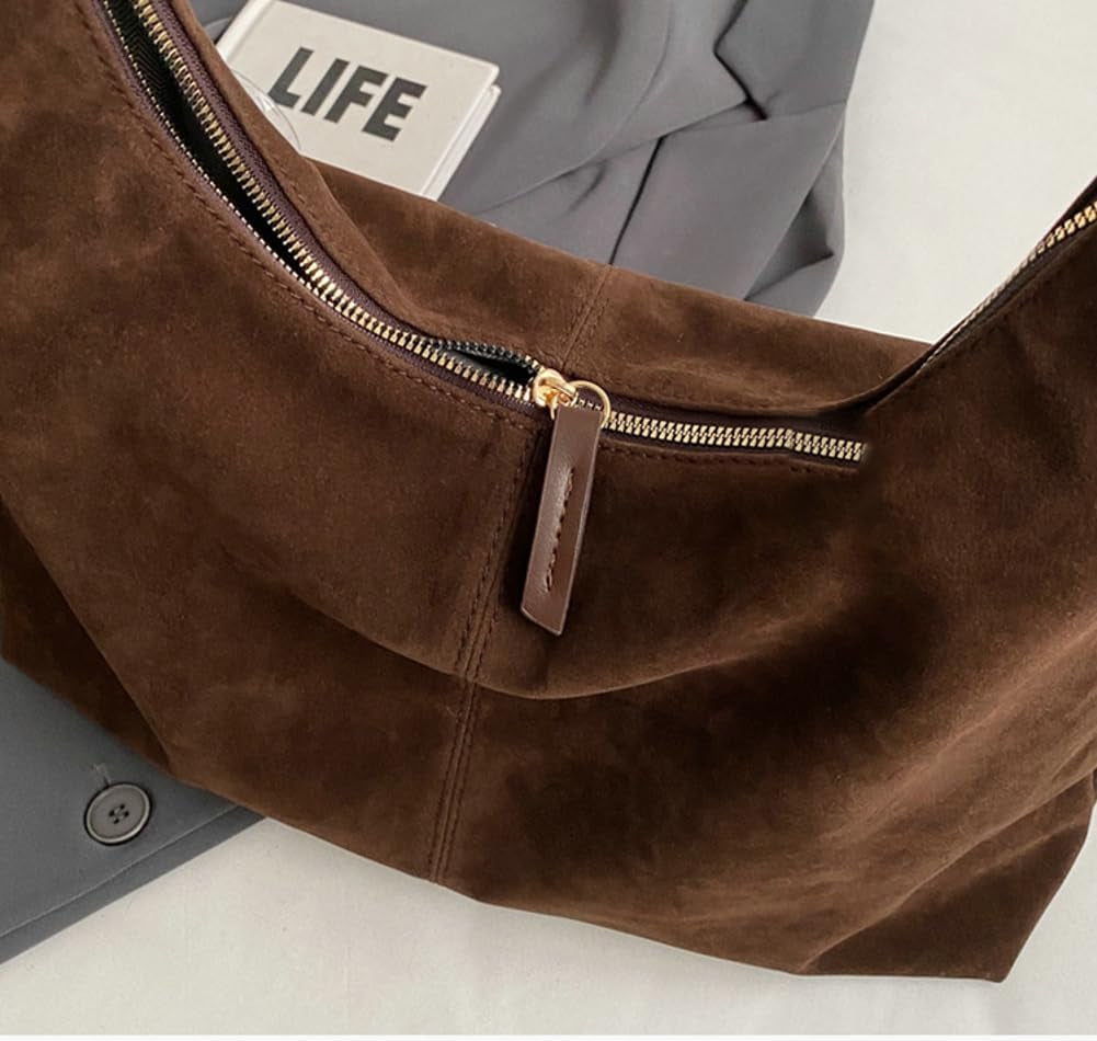 Trendy Faux Suede Shoulder Purse Bag Women Tote Hobo Purses Handbag Bags | Soft Suede,Large Capacity,Versatile Lightweight Brown Purses,Slouchy Everyday Work Gym Travel Weekend Tote Bag