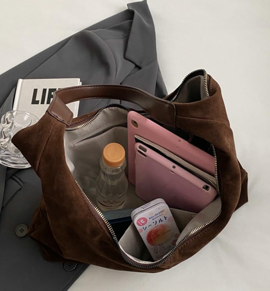 Trendy Faux Suede Shoulder Purse Bag Women Tote Hobo Purses Handbag Bags | Soft Suede,Large Capacity,Versatile Lightweight Brown Purses,Slouchy Everyday Work Gym Travel Weekend Tote Bag