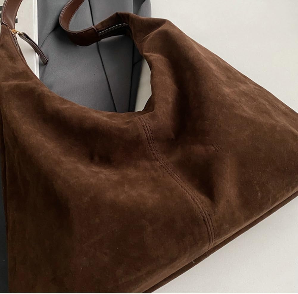 Trendy Faux Suede Shoulder Purse Bag Women Tote Hobo Purses Handbag Bags | Soft Suede,Large Capacity,Versatile Lightweight Brown Purses,Slouchy Everyday Work Gym Travel Weekend Tote Bag